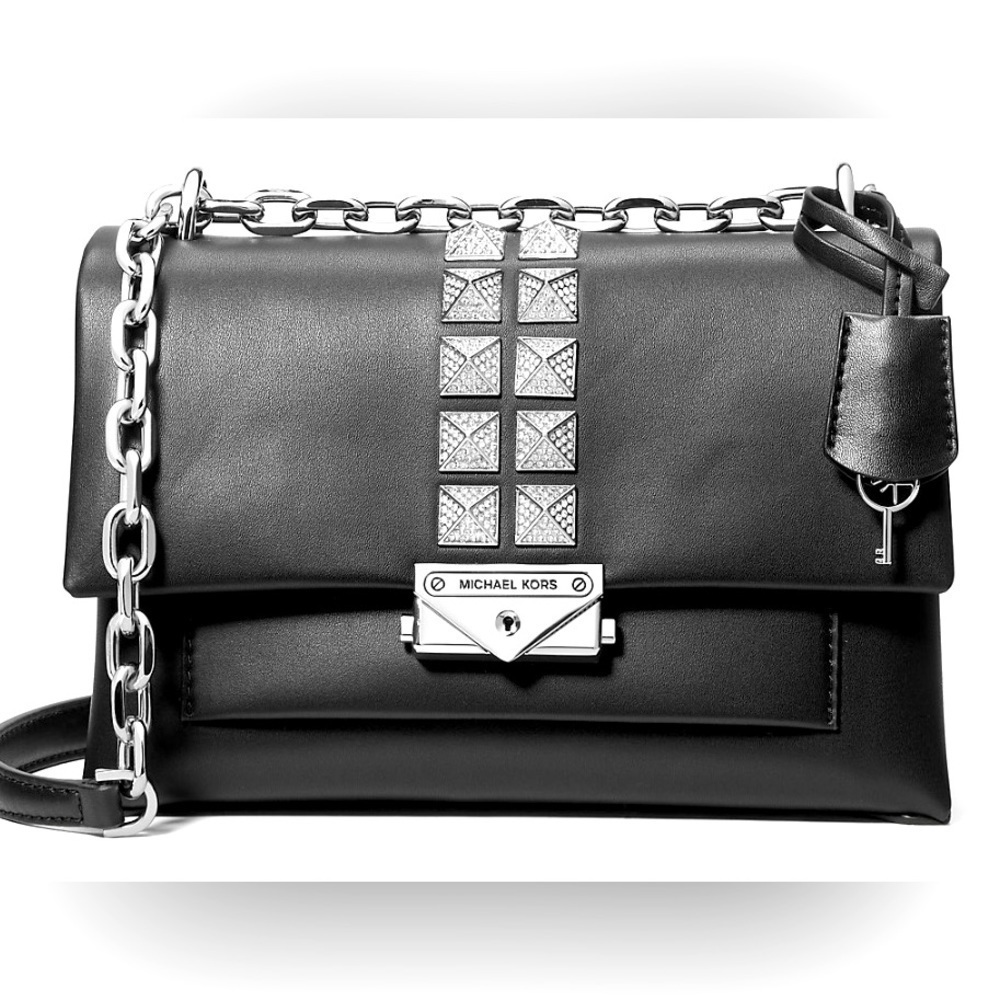 Michael Kors Cece Black Vegan Medium Studded Lockable Shoulder Bag NWT